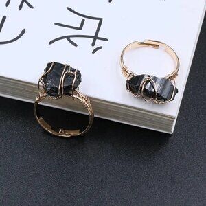 3/$35 Gold Plated Wire Wrapped Black Tourmaline Natural Stone Open Ring